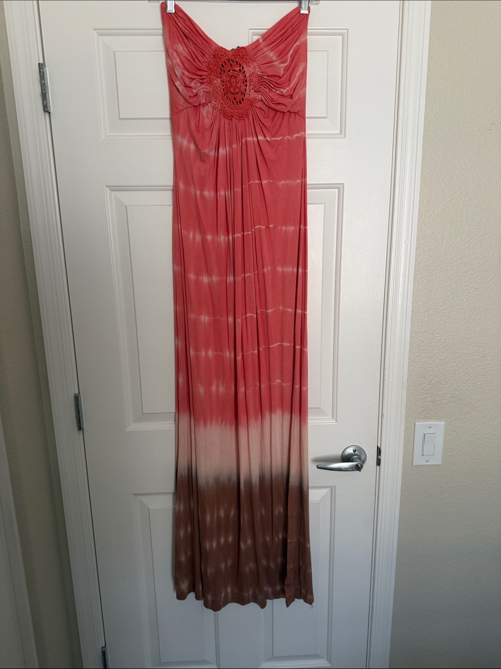 Sky Apricot & Brown Tie-Dyed Full Length Dress, Crocheted Accent, Size Large